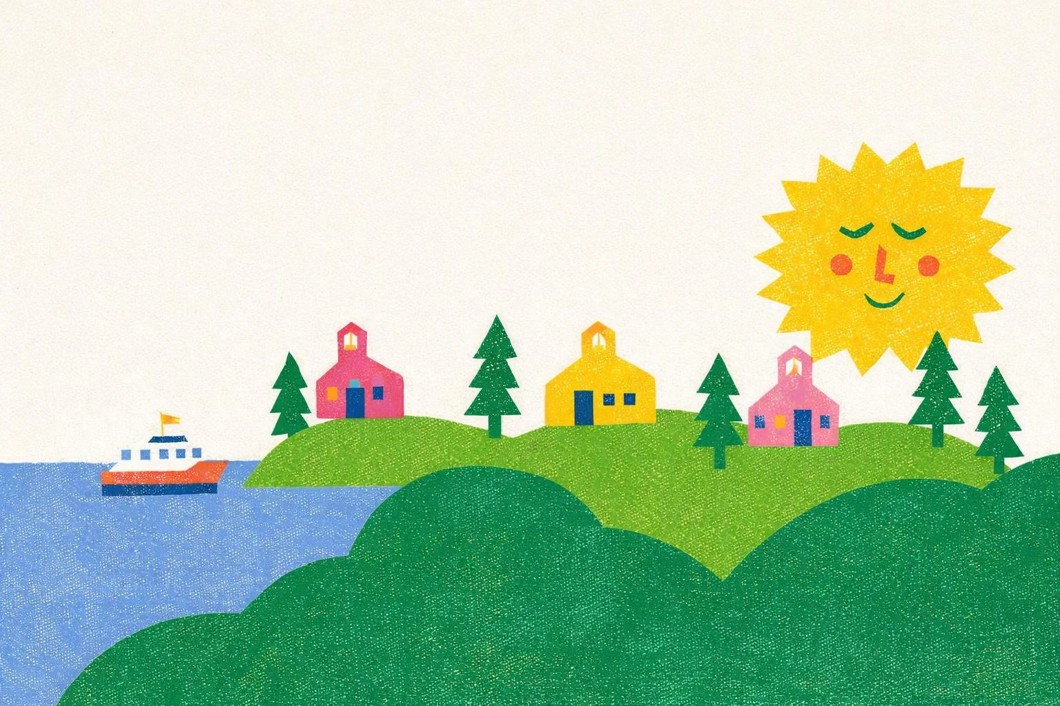 Illustration of Vashon Island — water, hills, and evergreens
