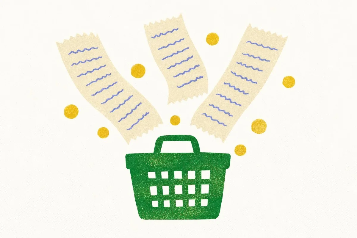 Grocery receipts falling into a shopping basket, in cut-paper style