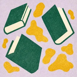 A stack of books, in cut-paper style