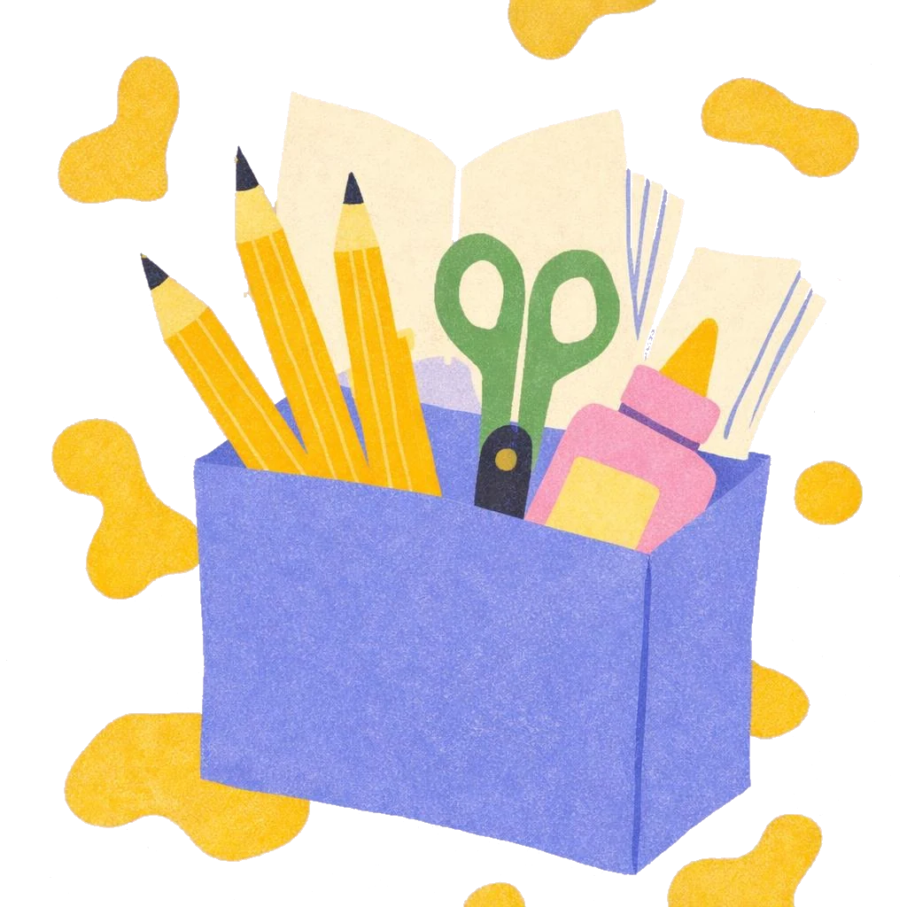 A bag of school supplies (pencils, scissors, glue, and paper) in cut-paper style