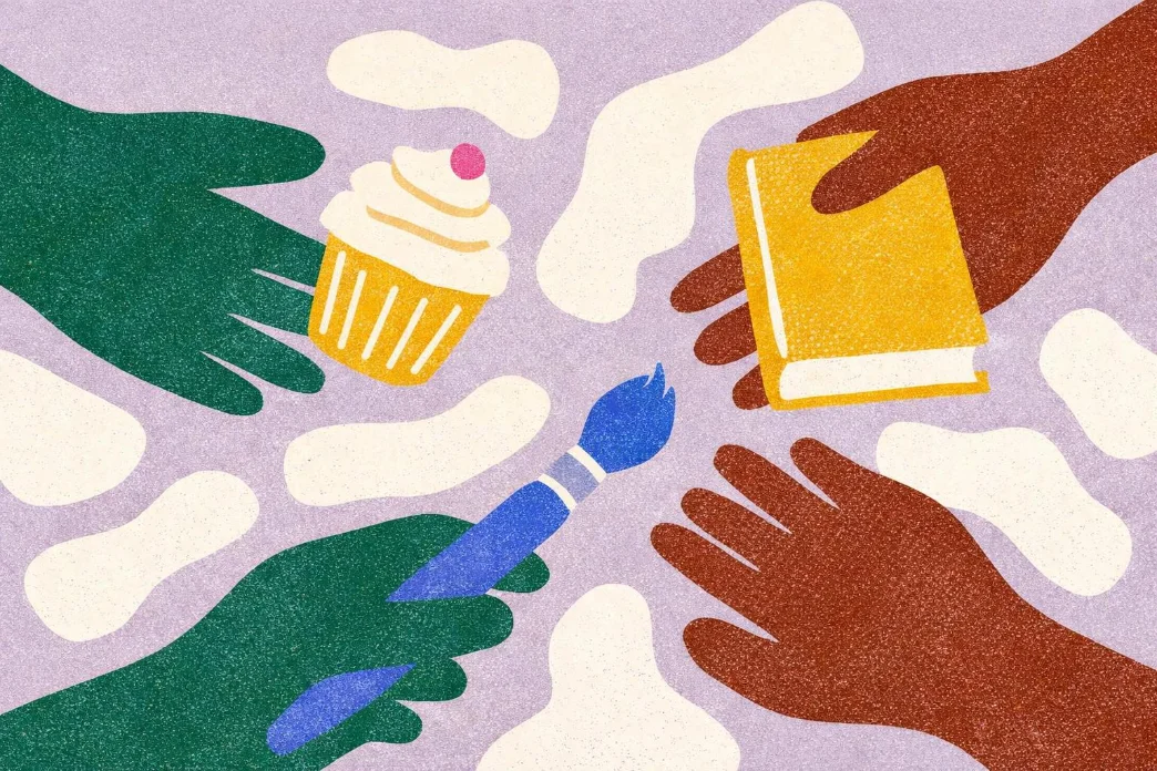 Hands passing a cupcake, a book, and a paintbrush, in cut-paper style